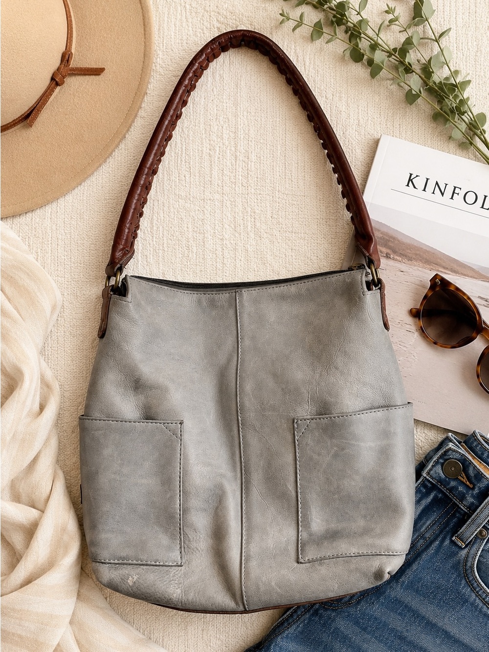 Sundance Italian Leather Slouch Hobo Bag Minimalist Boho Gray Brown Shoulder D85